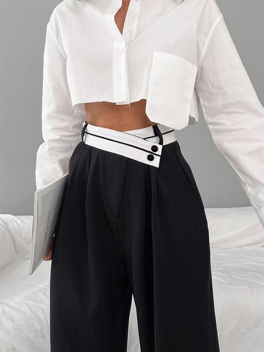 Jill - Pantalon Habillé Asymétrique à Ceinture Contrastée et Jambes Larges